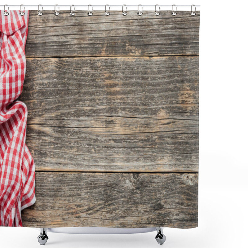 Personality  Red Checkered Picnic Textile On Rustic Wooden Planks Background Shower Curtains