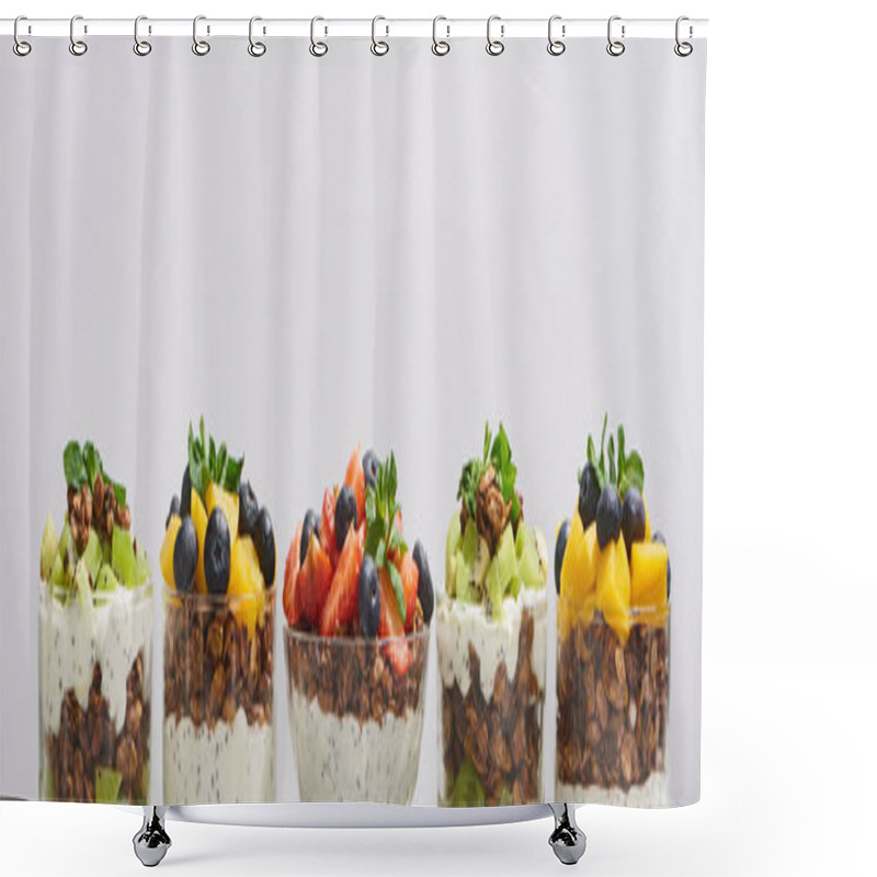 Personality  Fresh Granola With Fresh Fruits And Berries Isolated On Grey Shower Curtains