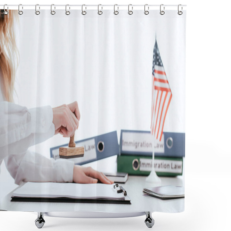 Personality  Cropped View  Of Female Lawyer With Stamp In Hand Isolated On White Shower Curtains