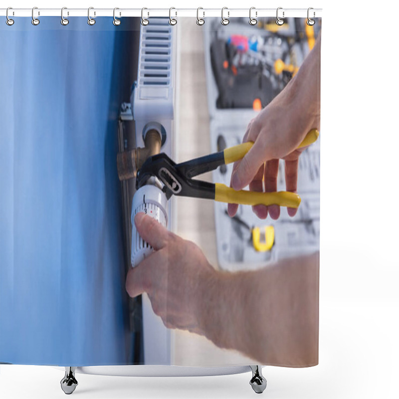 Personality  Close-up Of A Young Male Repairman Fixing Radiator With Wrench Shower Curtains