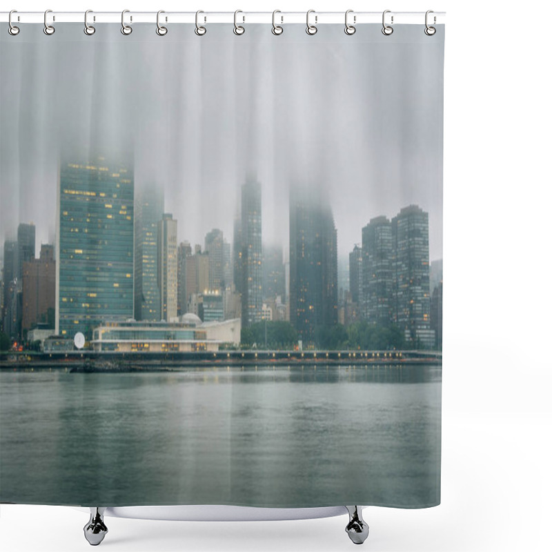 Personality  Foggy View Of The Manhattan Skyline From Gantry Plaza State Park, In Long Island City, Queens, New York City. Shower Curtains