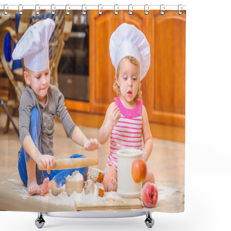 Personality  Two siblings - boy and girl - in chef's hats sitting on the kitc shower curtains