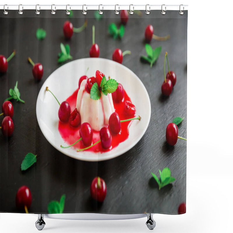 Personality  Fruit Jelly With Mild And Cherries, Delicious Dessert On Dark Table. Shower Curtains