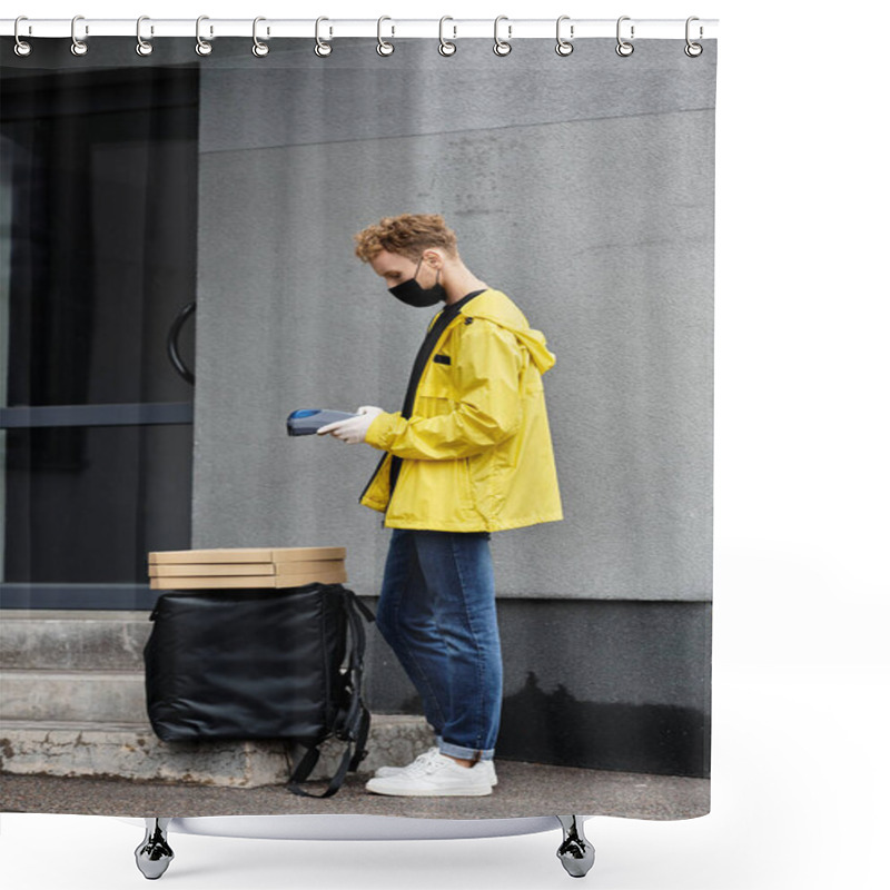 Personality  A Delivery Man Wearing A Black Mask Prepares To Take Lunch Orders Into A Modern Office Environment. Shower Curtains