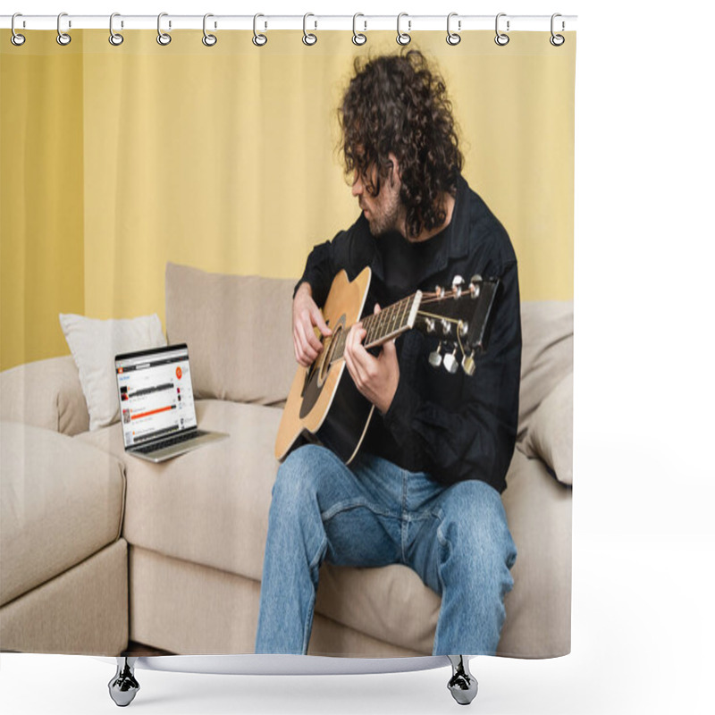 Personality  KYIV, UKRAINE - APRIL 25, 2020: Man Playing Acoustic Guitar Near Laptop With SoundCloud Website On Couch  Shower Curtains