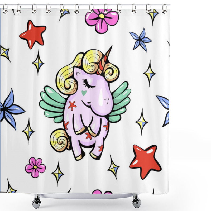 Personality  Vector Cute Illustration With Pegasus Shy Baby Unicorn With Wings Seamless Pattern Shower Curtains