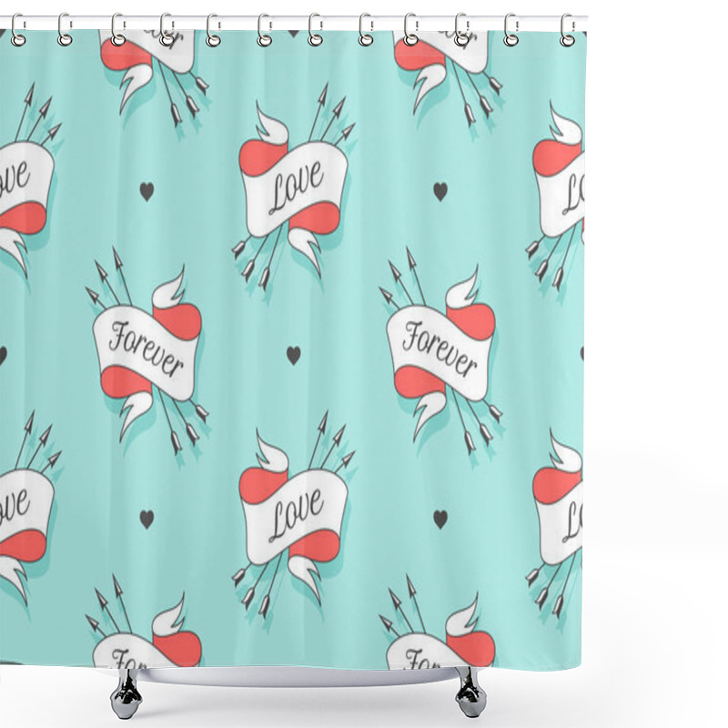 Personality  Seamless Pattern With Hearts And Arrows On A Turquoise Backdrop Shower Curtains