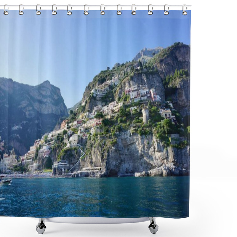 Personality  A Breathtaking View Of Positano, A Stunning Cliffside Village Along Italy's Amalfi Coast. The Image Captures The Colorful Hillside Houses And Lush Greenery Cascading Down To The Deep Blue Mediterranean Sea.                               Shower Curtains