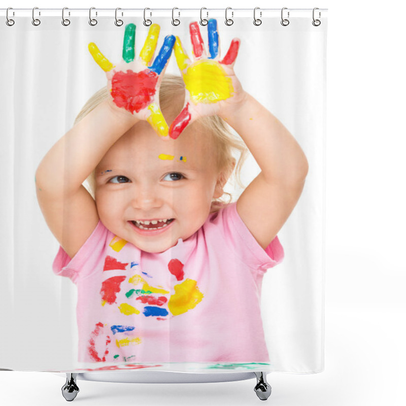 Personality  Portrait Of A Cute Little Girl Playing With Paints Shower Curtains