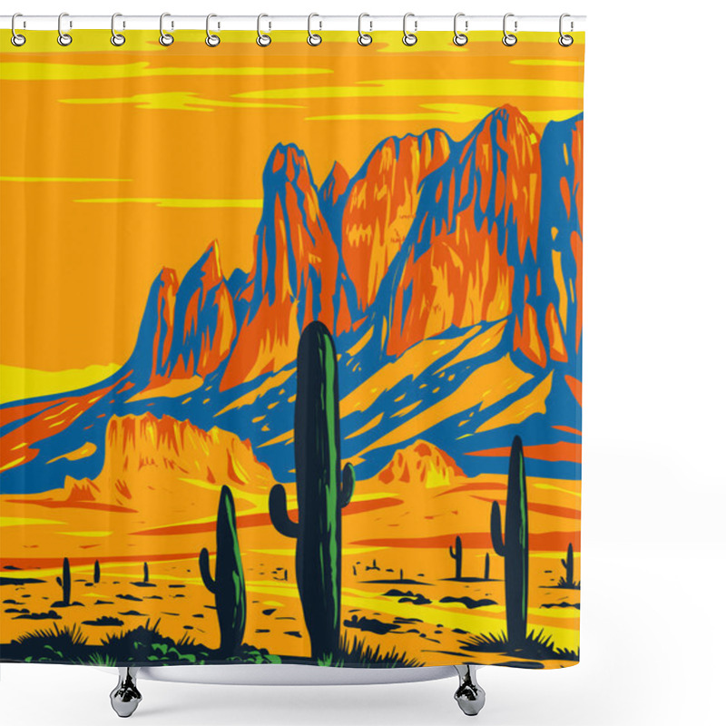 Personality  WPA Poster Art Of Lost Dutchman State Park Showing Flat Iron In The Superstition Mountains Located In Arizona, United States Of America USA Done In Works Project Administration Style. Shower Curtains