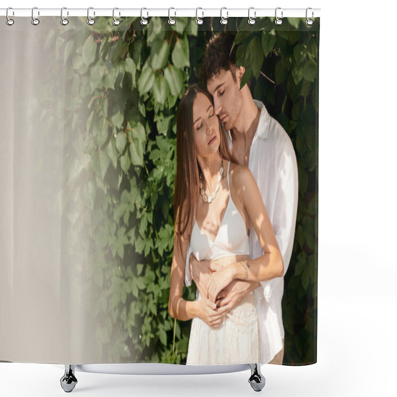 Personality  Romantic Getaway, Handsome Man Embracing Beautiful Woman In White Beach Wear Near Green Foliage Shower Curtains