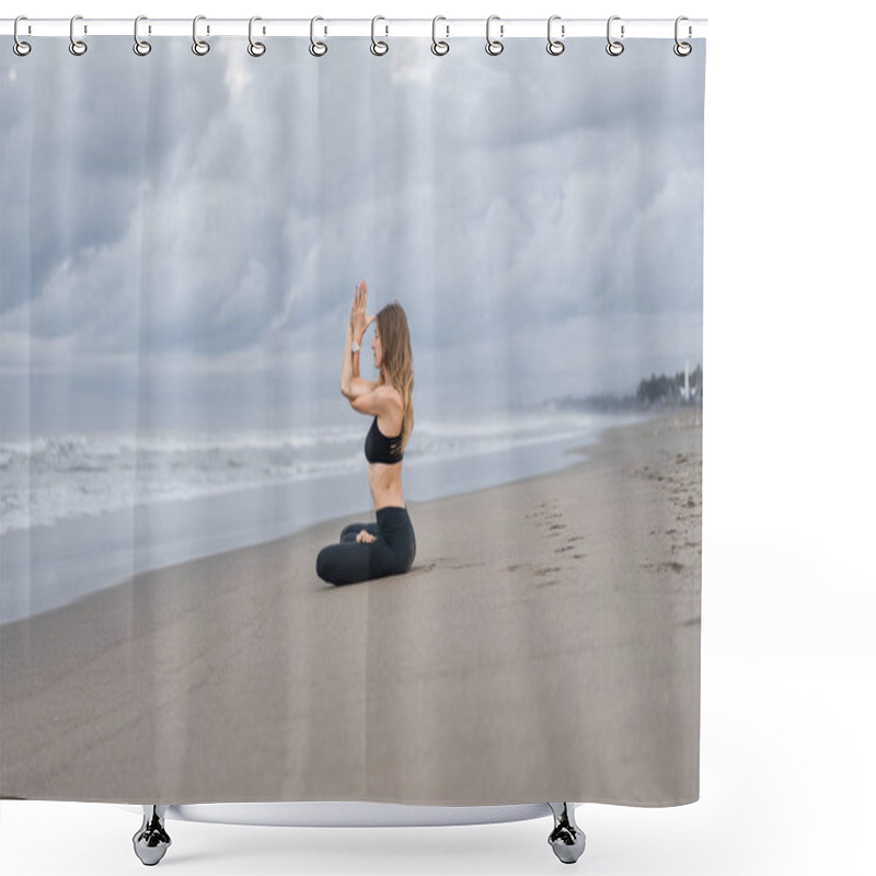 Personality  Beautiful Young Woman Practicing Yoga In Lotus Pose On Seashore On Cloudy Day Shower Curtains