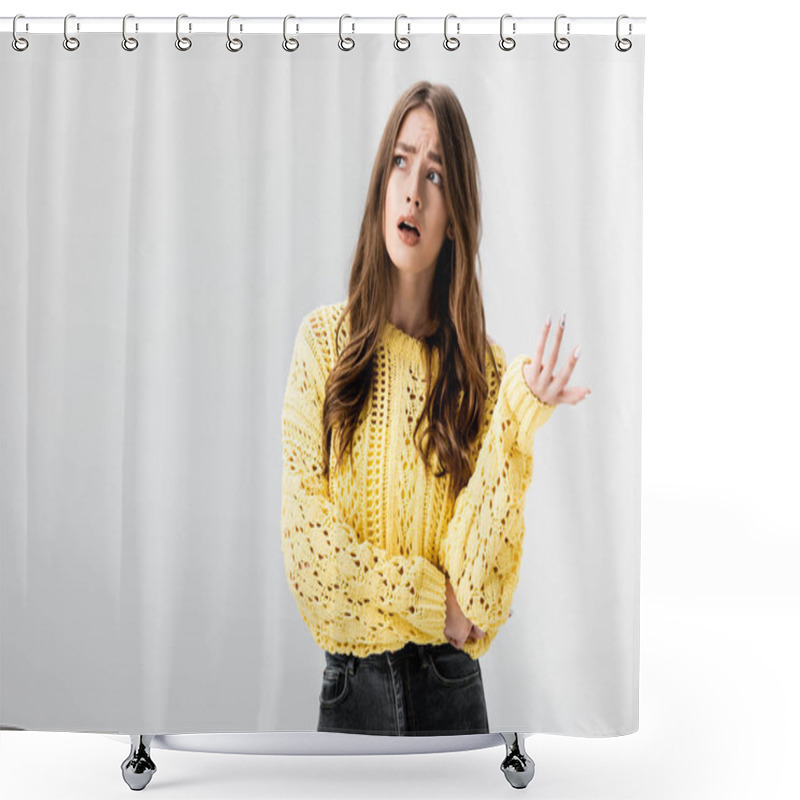 Personality  Disappointed Girl Showing Indignation Gesture While Looking Away Isolated On Grey Shower Curtains