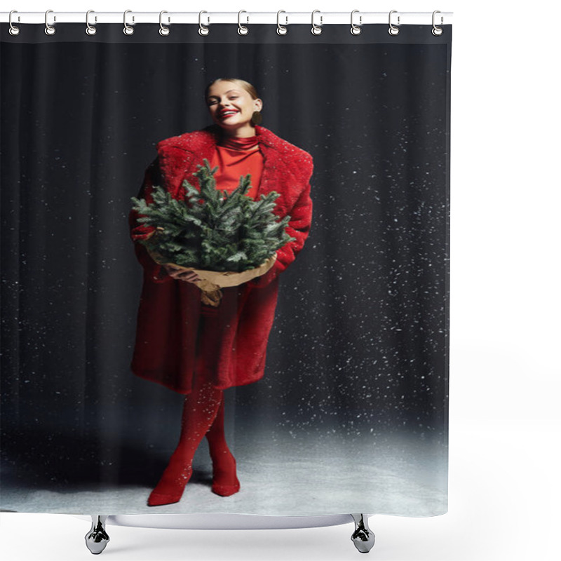 Personality  A Young Woman Dressed In Red Embraces Winter Magic As She Holds A Mini Christmas Tree. Shower Curtains