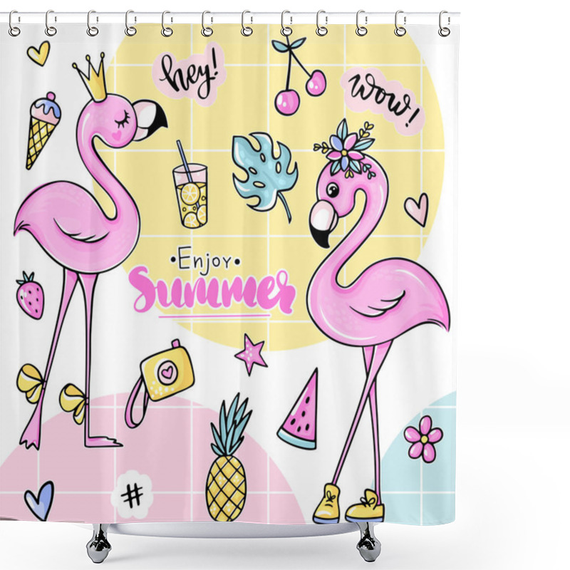 Personality  Big Cute Summer Stickers Set With Flamingos, Ice Cream, Watermelon, Pineapple, Camera, Lemonade, Cherry. Shower Curtains