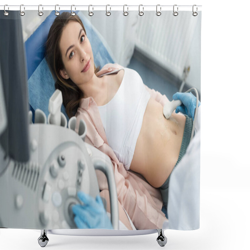 Personality  Doctor Making Ultrasound Scan Of Stomach To Young Patient In Clinic  Shower Curtains