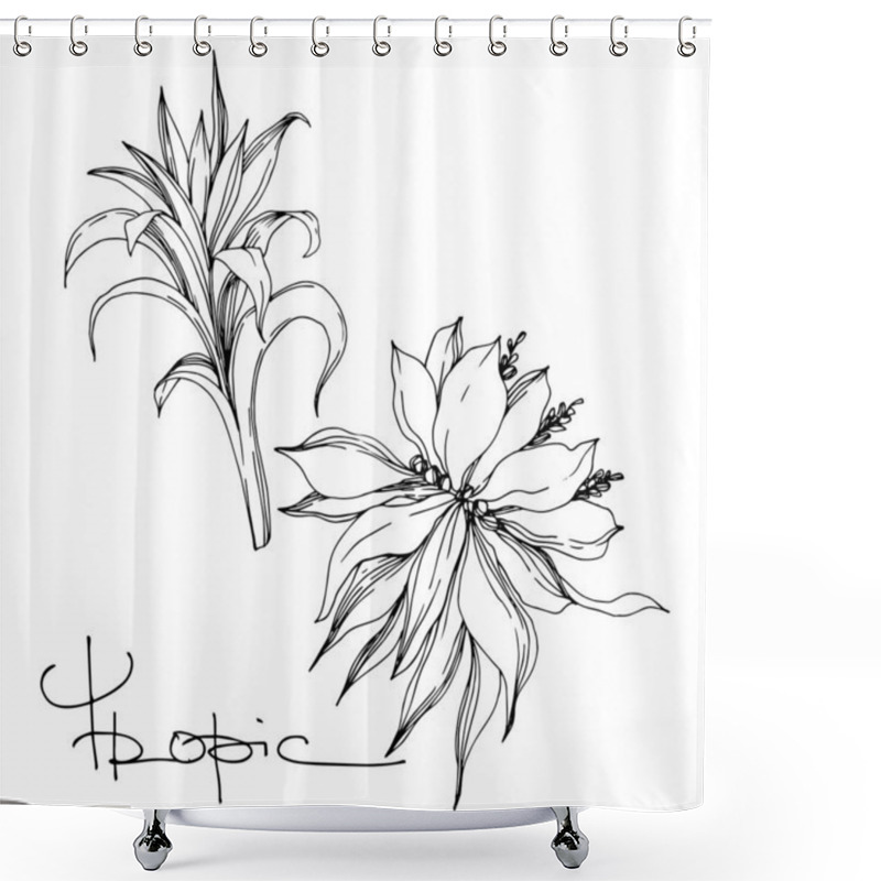 Personality  Vector Palm Beach Tree Leaves Jungle Flowers. Black And White Engraved Ink Art. Isolated Flower Illustration Element. Shower Curtains