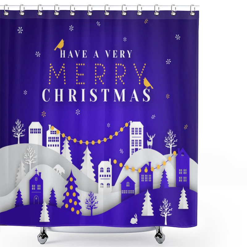 Personality  Merry Christmas Paper Cut Vector Illustration. Greeting Card With Christmas Tree And Paper Cut City. Shower Curtains