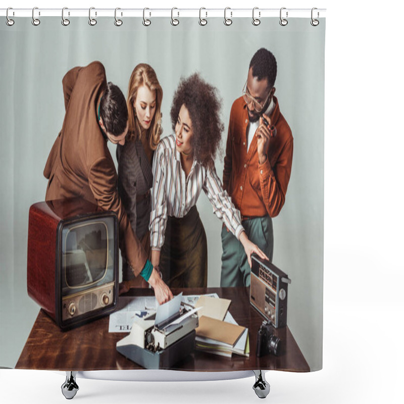 Personality  Multicultural Retro Styled Journalists At Table With Radio, Television And Newspapers Isolated On Grey Shower Curtains