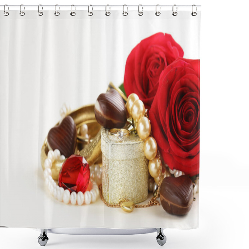 Personality  Gold Jewelry (pearls, Necklace, Ring) With Roses On A White Background Shower Curtains