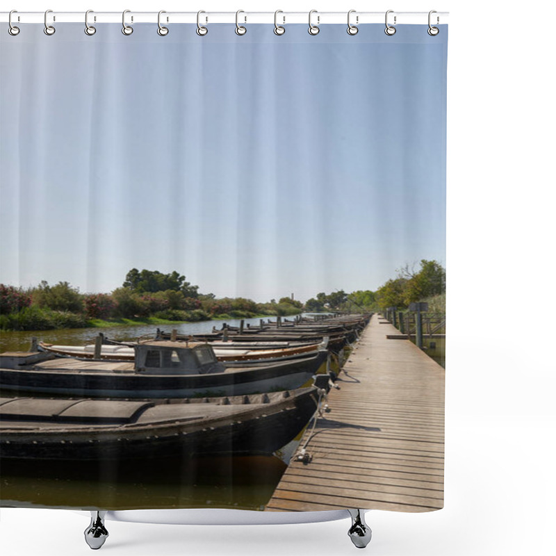 Personality  Catarroja Traditional Fishing Boats Port (pier) In The Valencia Albufera Natural Park, Vertical Format Shower Curtains