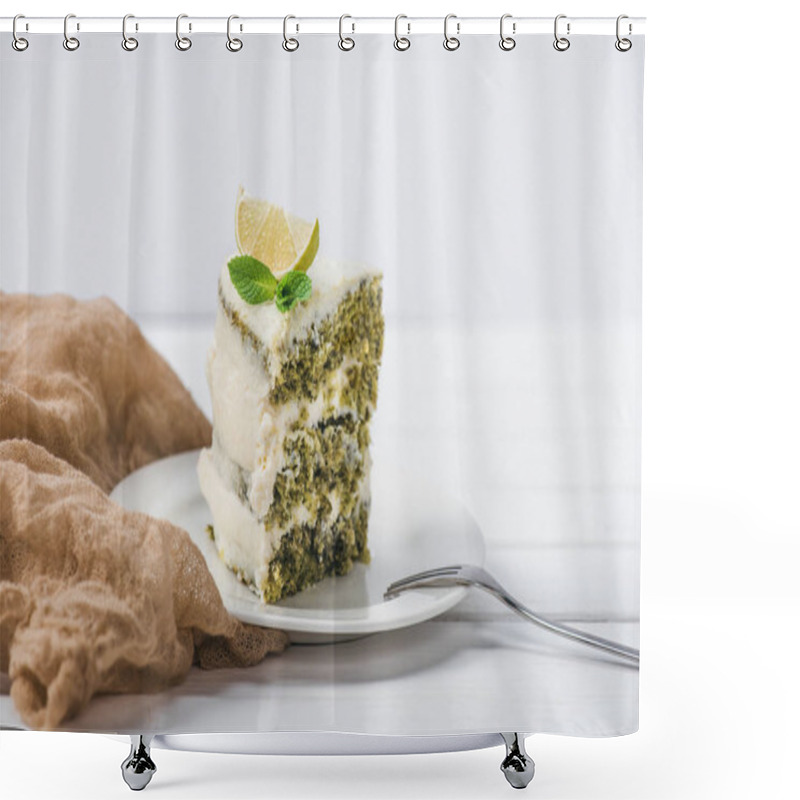 Personality  Piece Of White Cake Decorated With Lime Slice And Mint Leave With Fork On Saucer Isolated On White  Shower Curtains