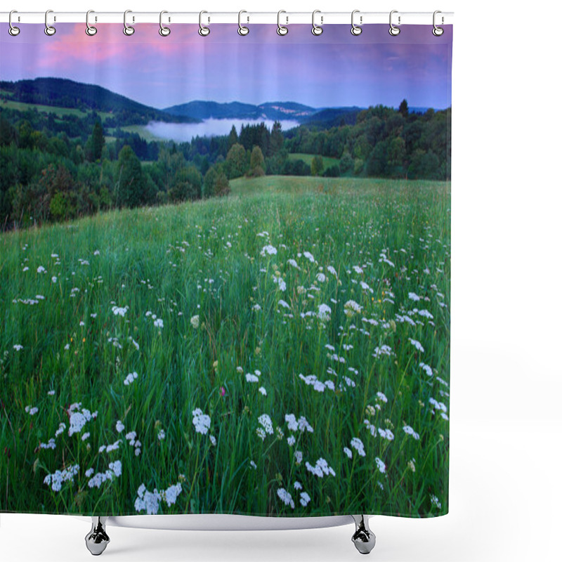 Personality  Blooming Meadow With White Flowers And Evening Pink Sky In Bohemian-Moravian Highlands During Sunset, Czech Republic  Shower Curtains