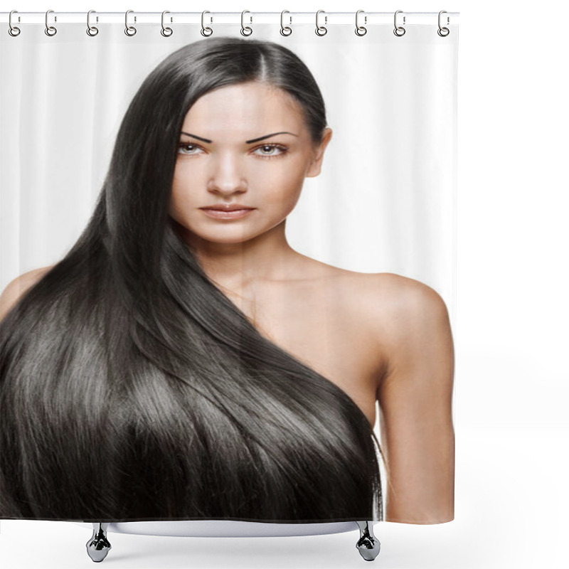 Personality  Portrait Of A Beautiful Young Woman With Elegant Long Black Shiny Hair, Isolated On White Background Shower Curtains