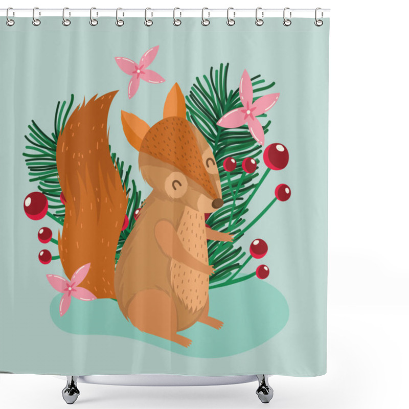 Personality  Christmas Little Squirrel Holly Berry And Flowers Winter Animal Cartoon Card Shower Curtains