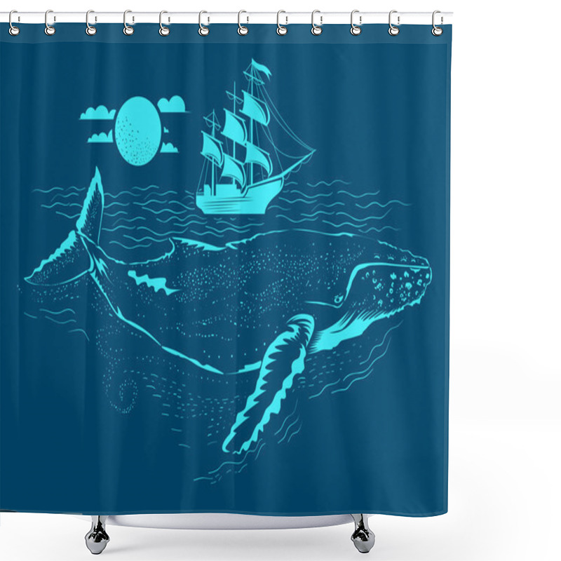 Personality  Whale Illustration Under The Water. Small Ship Above Shower Curtains