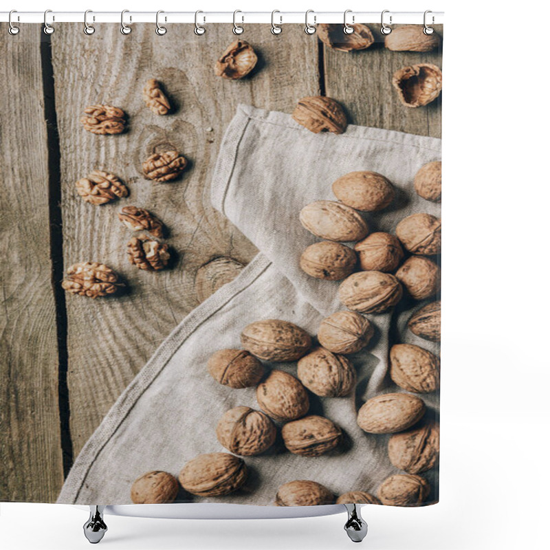 Personality  Top View Of Delicious Organic Walnuts And Cloth On Wooden Table Shower Curtains