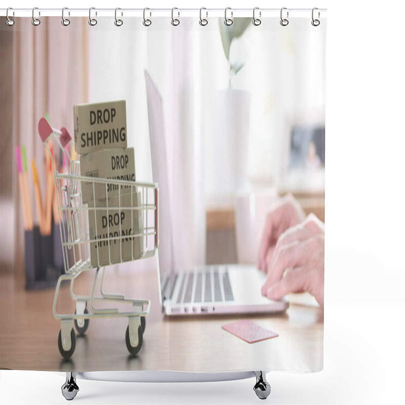 Personality  Cartons With DROPSHIPPING Text Fall In Shopping Cart After Placing Order By Customer On The Laptop. 3D Rendering Shower Curtains