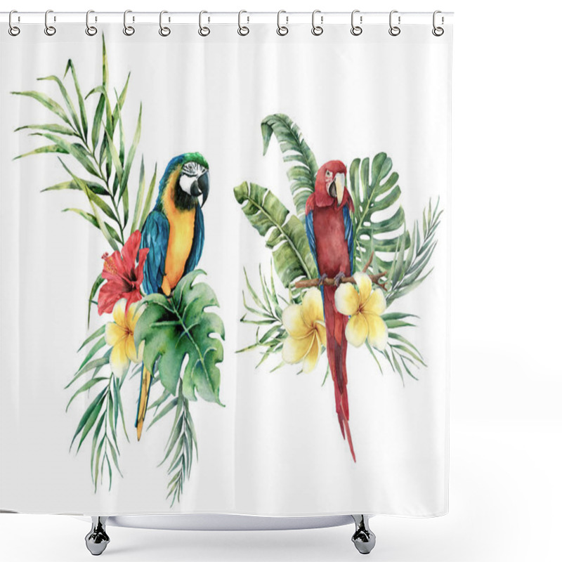 Personality  Watercolor Tropical Set With Parrots And Flowers Bouquet. Hand Drawn Birds, Plumeria And Hibiscus. Floral Label Isolated On White Background. Botanical Illustration. Greeting Template For Design. Shower Curtains