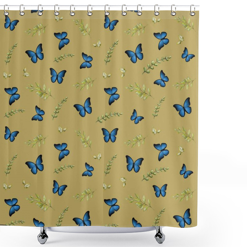 Personality  Colorful Butterflies In Shades Of Blue Dance Across A Golden Fabric, Creating A Lively And Harmonious Pattern. Shower Curtains