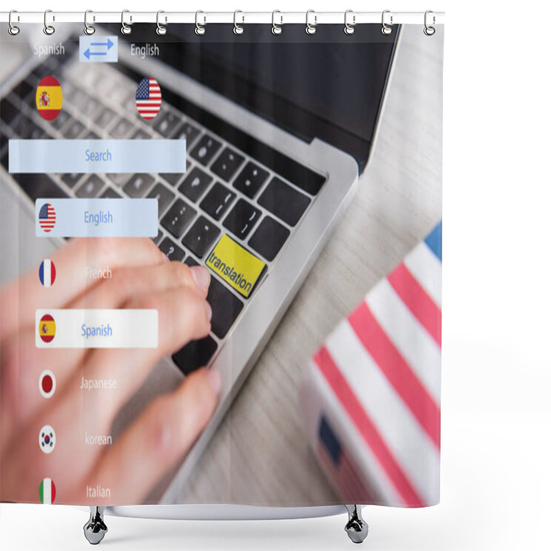 Personality  Cropped View Of Interpreter Pressing Translation Key On Laptop On Blurred Foreground, Illustration Of Translating Application Interface Shower Curtains