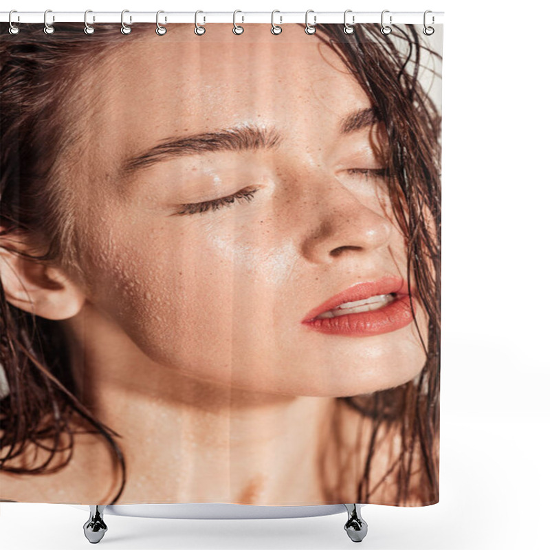 Personality  Beautiful Young Woman With Coral Lips, Eyes Closed And Wet Hair  Shower Curtains