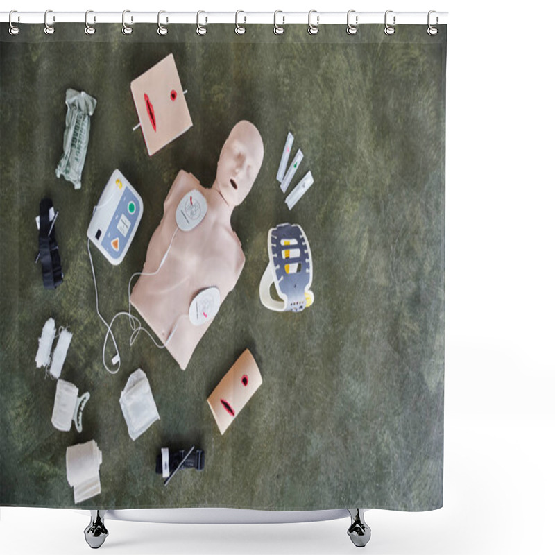 Personality  Top View Of CPR Manikin, Automated External Defibrillator, Wound Care Simulators, Compressive Tourniquets, Bandages And Syringes, Medical Equipment And First Aid Training Concept Shower Curtains