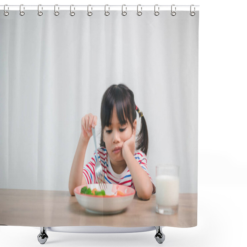 Personality  Nutrition & Healthy Eating Habits For Kids Concept. Children Do Not Like To Eat Vegetables. Little Cute Girl Refuses To Eat Healthy Vegetables. Shower Curtains