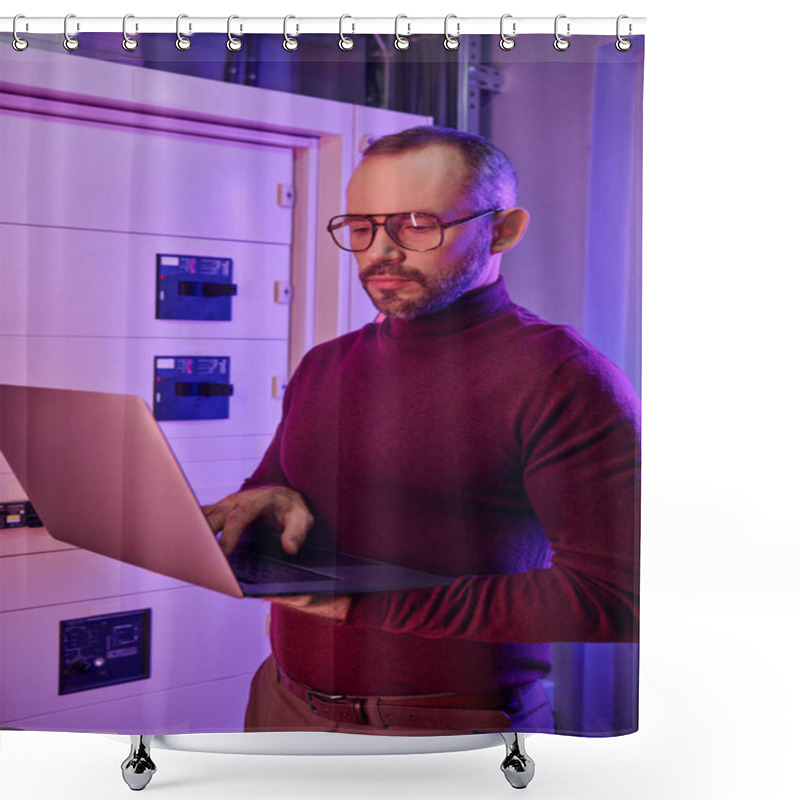 Personality  Attractive Focused Specialist In Turtleneck With Beard And Glasses Looking At His Laptop Attentively Shower Curtains