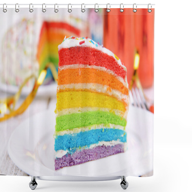 Personality  Delicious Rainbow Cake On Plate On Table Close-up Shower Curtains