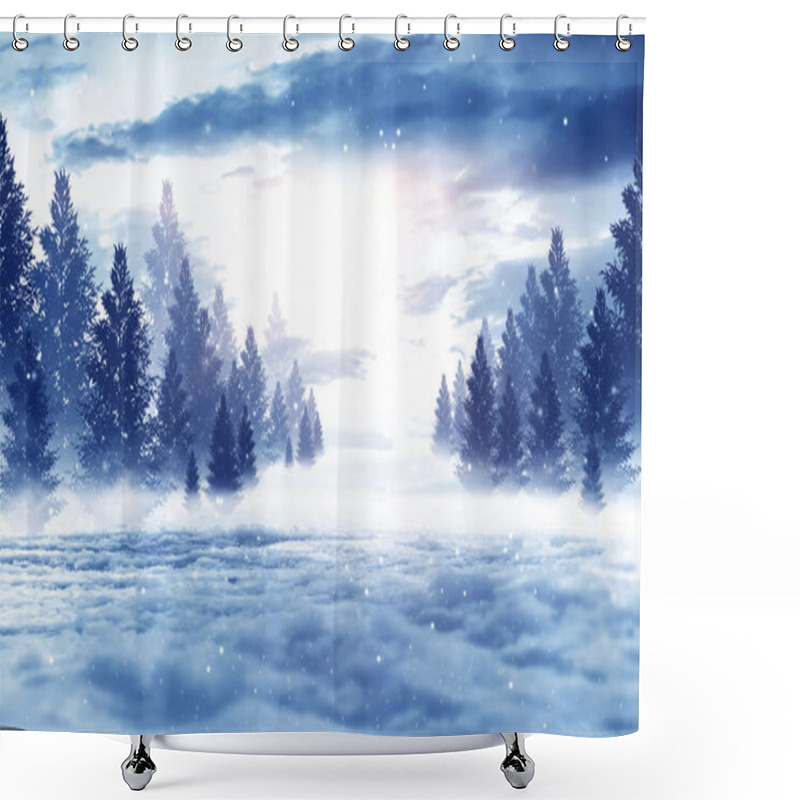 Personality  Dark Winter Forest Background At Night. Snow, Fog, Moonlight. Dark Neon Night Background In The Forest With Moonlight. Neon Figure In The Center. Night View, Magic. Shower Curtains