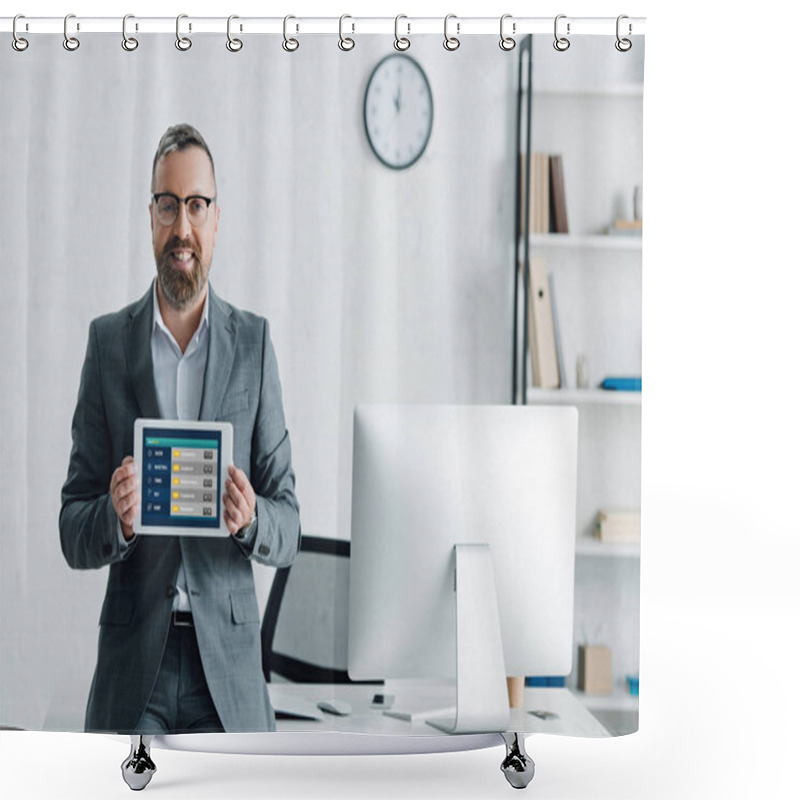 Personality  Handsome Businessman In Formal Wear Holding Digital Tablet With Sports Bet Website  Shower Curtains