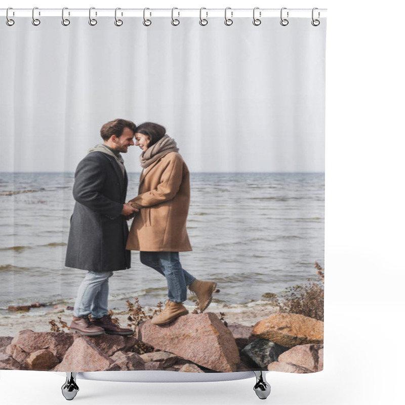 Personality  Joyful Couple In Autumn Outfit Holding Hands While Standing Face To Face On Stones Near River Shower Curtains