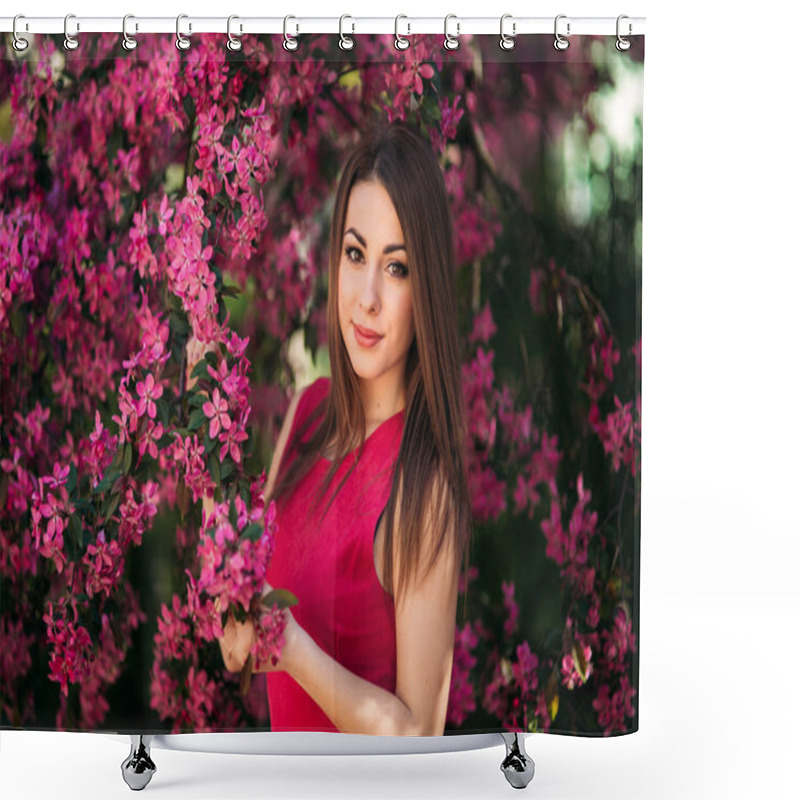 Personality  Beautiful Girl Posing To The Photographer. Spring. Sakura. Shower Curtains