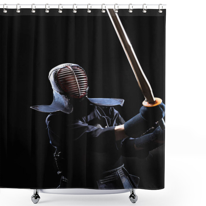 Personality  Kendo Fighter In Armor Practicing With Bamboo Sword On Black Shower Curtains