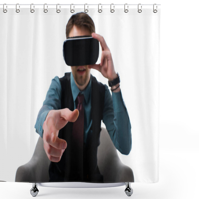 Personality  Portrait Of Agent In Virtual Reality Headset Sitting In Armchair Isolated On White Shower Curtains