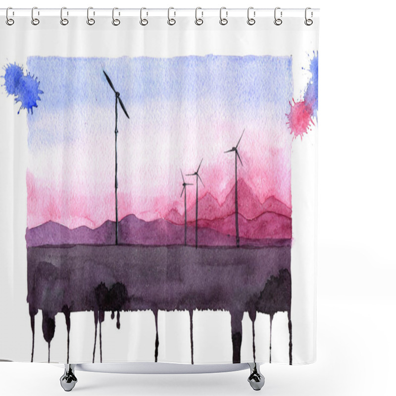 Personality  Wind Turbines On A Mountains Sunset Background. A Wind Farm In A Beautiful Landscape, Russia, Ust-Kamchatsk. Windmill Ecological Renewable Power. Green Energy Concept. Shower Curtains