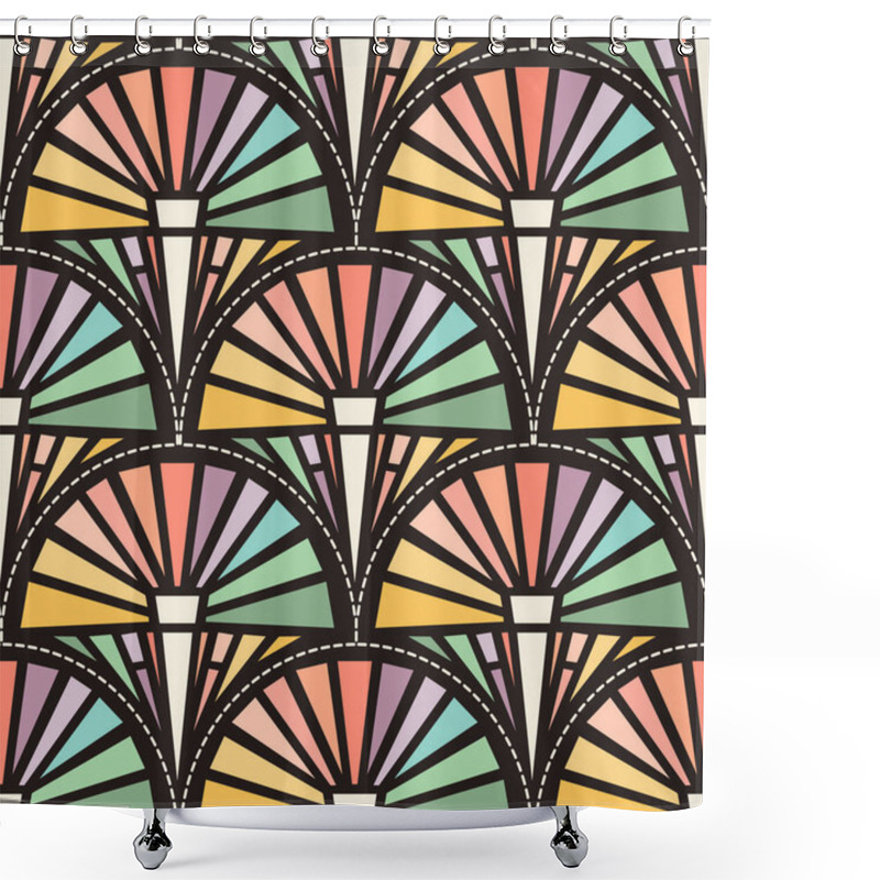 Personality  Abstract Geometric 1920s Triangle Flowers In Muted Rainbow Colours On Dark Brownish Black. Art Deco Stained Glass Style Luxurious Seamless Vector Pattern For Premium Products. Shower Curtains