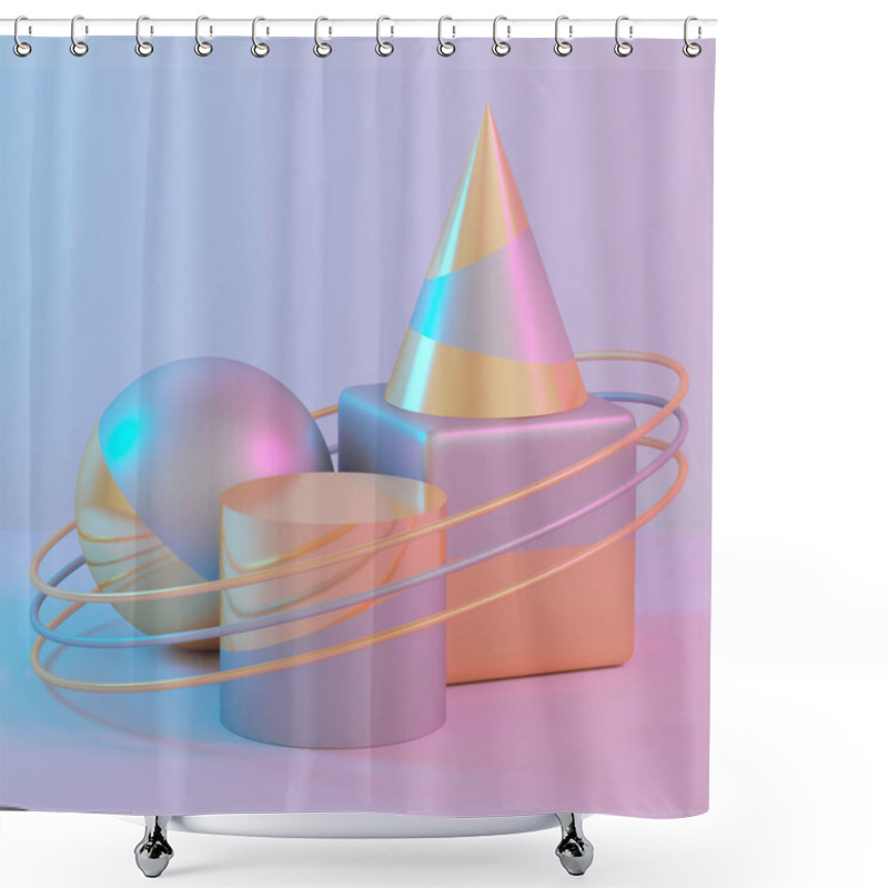 Personality  Abstract Primitive Geometric Shapes. Minimal Design Elements. Silver And Gold Materials. 3d Rendering. Shower Curtains