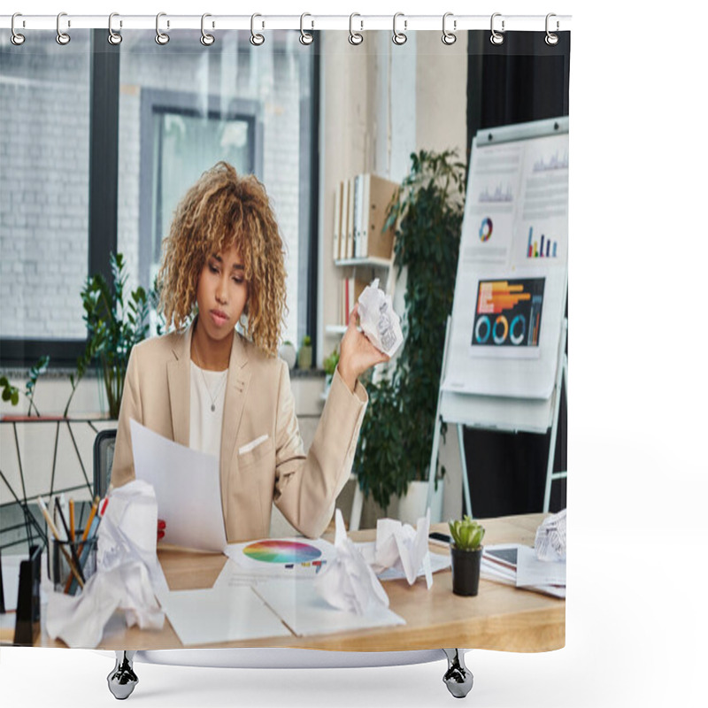 Personality  Pensive Curly African American Businesswoman At Her Desk And Holding Crumpled Papers, Stress Shower Curtains